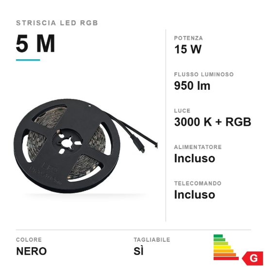 Striscia led 15w 3000k rgb con telecomando 5m tagliabile nera