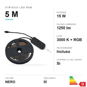 Striscia led 15w 3000k rgb con telecomando controllo del suono 5m tagliabile nera