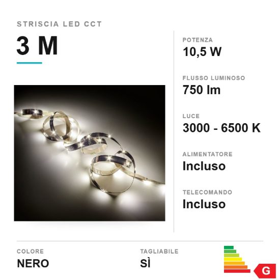 Striscia led 10,5w cct 3000k 6500k con telecomando 3m tagliabile nera