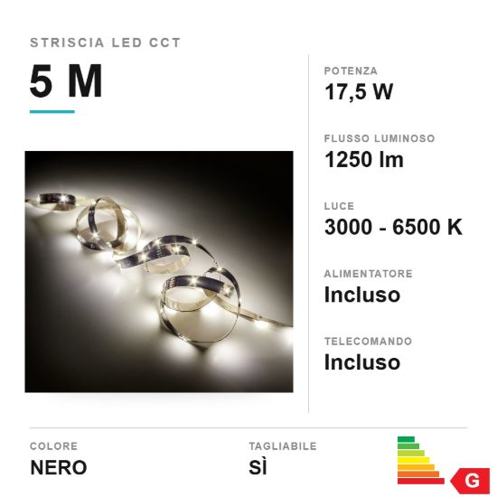 Striscia led 17,5w cct 3000k 6500k con telecomando 5m tagliabile nera