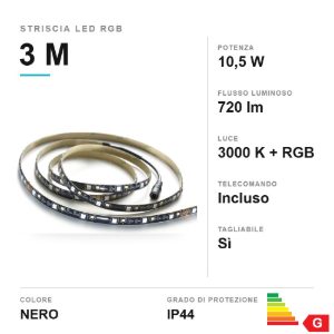 Striscia led 10,5w 3000k rgb con telecomando ip44 3m tagliabile nera