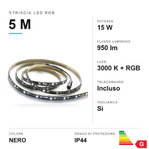 Striscia led 15w 3000k rgb con telecomando ip44 5m tagliabile nera
