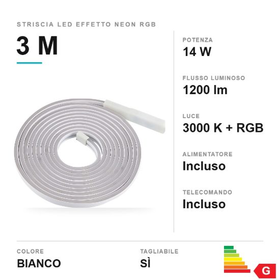 Striscia led effetto neon 14w 3000k rgb con telecomando 3m tagliabile bianca