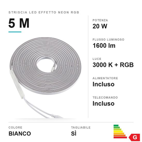 Striscia led effetto neon 20w 3000k rgb con telecomando 5m tagliabile bianca