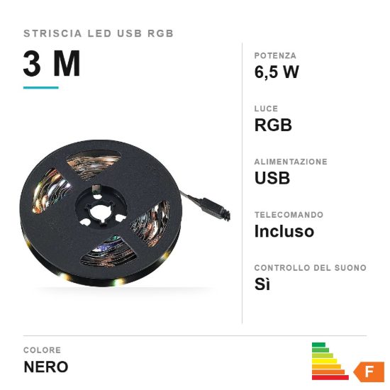 Striscia led usb 6,5w rgb con telecomando controllo del suono 3m per tv monitor nera