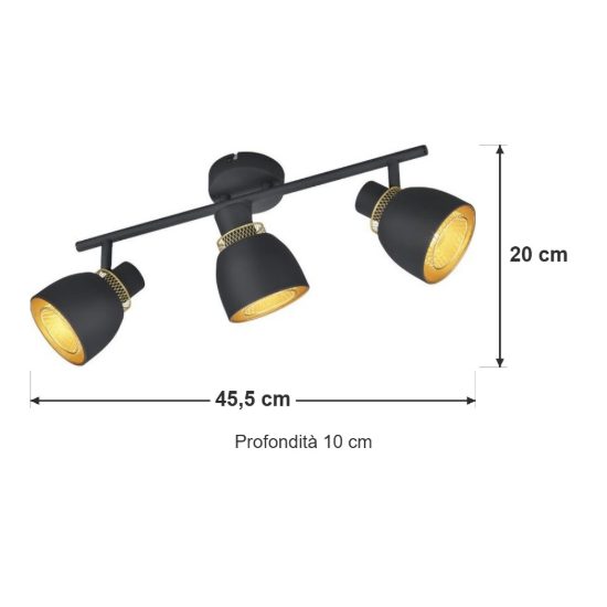 Plafoniera con 3 faretti moderna nera oro