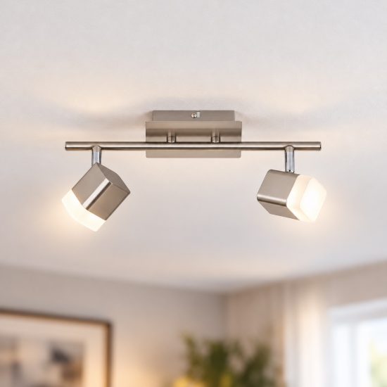 Plafoniera con 2 faretti led 2x3,5w 3000k moderna quadrati nichel opaco