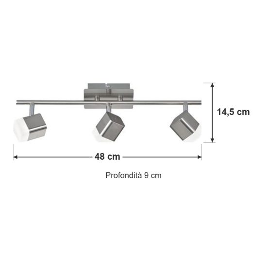 Plafoniera con 3 faretti led 3x3,5w 3000k moderna quadrati nichel opaco