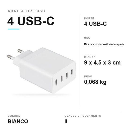 Adattatore di alimentazione usb con 4 porte usb-c bianco