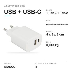 Adattatore di alimentazione usb con 1 porta usb 1 porta usb-c bianco