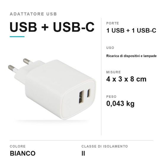 Adattatore di alimentazione usb con 1 porta usb 1 porta usb-c bianco