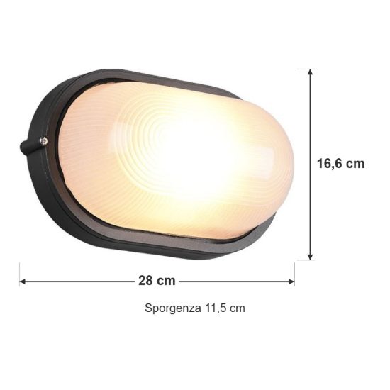 Applique grande da esterno ip44 moderna ovale nera con vetro satinato