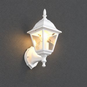 Applique da esterno ip44 a lanterna quadrata su braccio bianca con vetro trasparente
