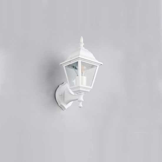 Applique da esterno ip44 a lanterna quadrata su braccio bianca con vetro trasparente