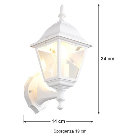 Applique da esterno ip44 a lanterna quadrata su braccio bianca con vetro trasparente