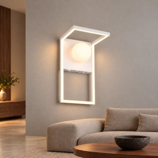 Applique per salotto led 11w cct 2300k 3000k 4000k moderna ad angolo bianca con sfera in vetro