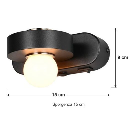 Applique per soggiorno led 7w cct 2300k 3000k 4000k bi-emissione nera con sfera in vetro