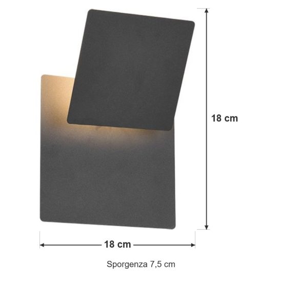 Applique per soggiorno led 6w 3000k moderna quadrata nera a luce indiretta orientabile