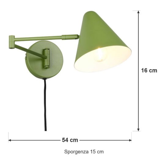 Applique per comodino camera da letto a braccio orientabile verde con paralume a cono interruttore