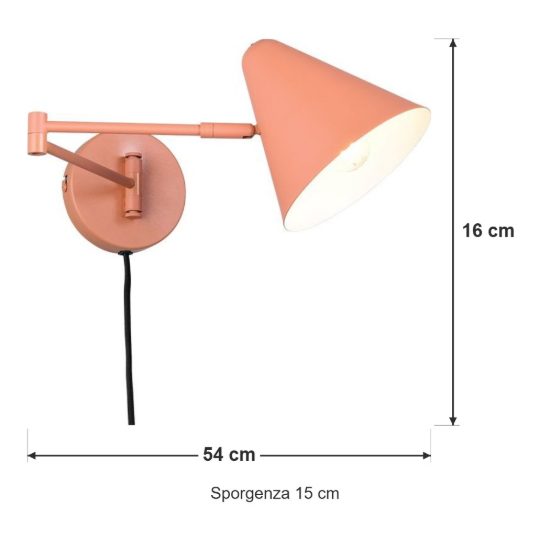 Applique per comodino camera da letto a braccio orientabile pesca con paralume a cono interruttore