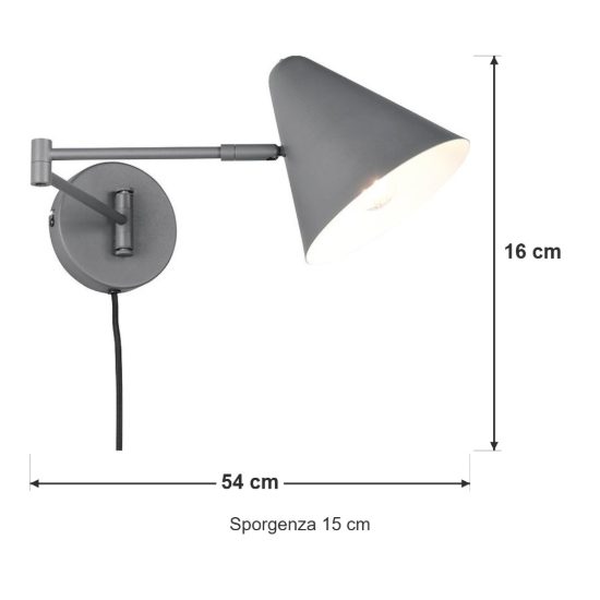 Applique per comodino camera da letto a braccio antracite con paralume a cono interruttore