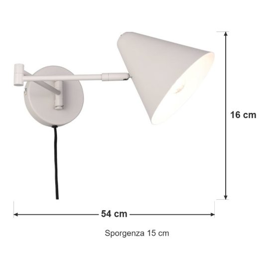 Applique per comodino camera da letto a braccio grigio caldo con paralume a cono interruttore