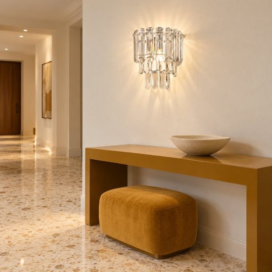 Applique per soggiorno moderna cromo con cristalli trasparenti