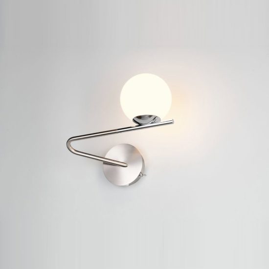 Applique per comodino camera da letto nichel opaco cromo con diffusore in vetro bianco interruttore