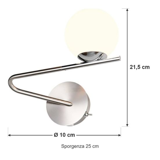 Applique per comodino camera da letto nichel opaco cromo con diffusore in vetro bianco interruttore