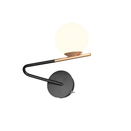 Applique per comodino camera da letto moderna nera oro con diffusore in vetro bianco interruttore