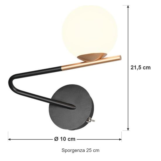 Applique per comodino camera da letto moderna nera oro con diffusore in vetro bianco interruttore