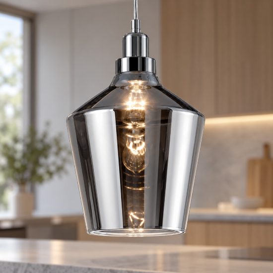Lampada a sospensione per sala da pranzo vintage a cono in vetro fumè