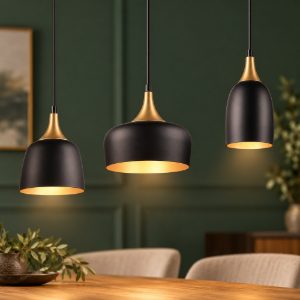 Lampadario con pendenti 3 luci per cucina moderno nero e oro con paralumi diversi