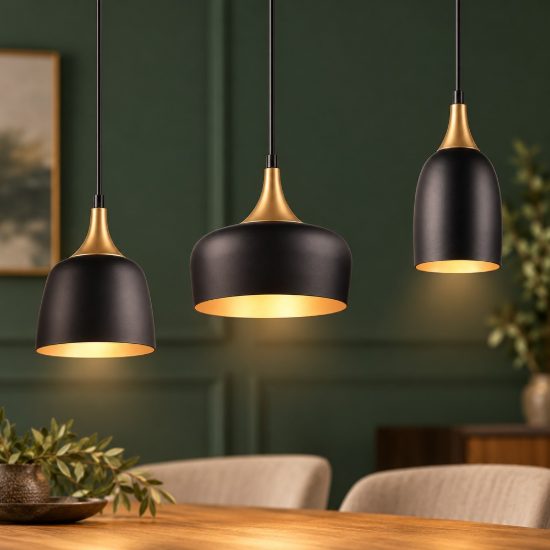 Lampadario con pendenti 3 luci per cucina moderno nero e oro con paralumi diversi