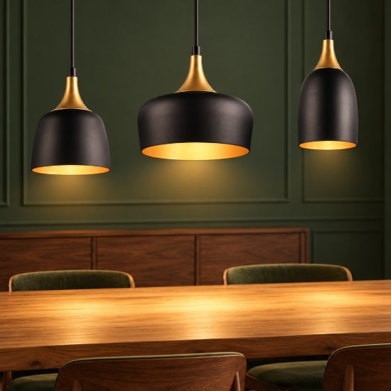 Lampadario con pendenti 3 luci per cucina moderno nero e oro con paralumi diversi