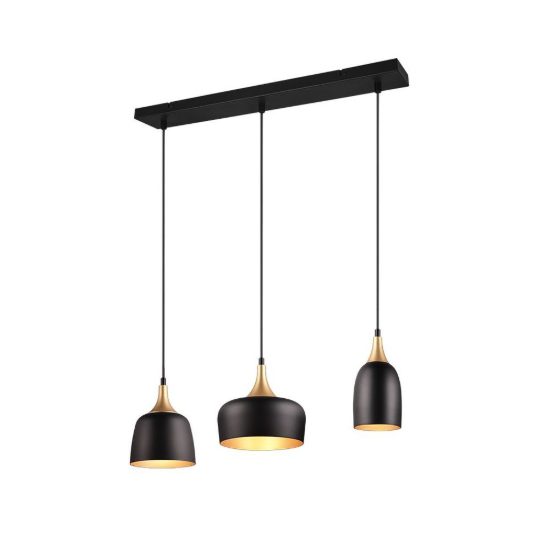 Lampadario con pendenti 3 luci per cucina moderno nero e oro con paralumi diversi