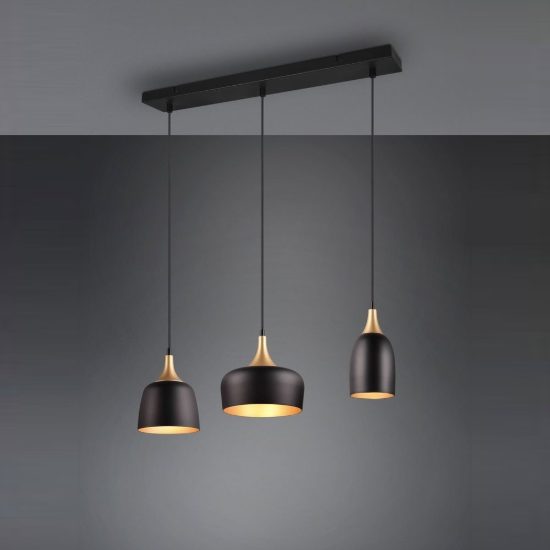 Lampadario con pendenti 3 luci per cucina moderno nero e oro con paralumi diversi