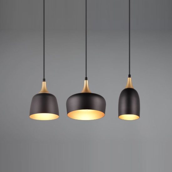 Lampadario con pendenti 3 luci per cucina moderno nero e oro con paralumi diversi
