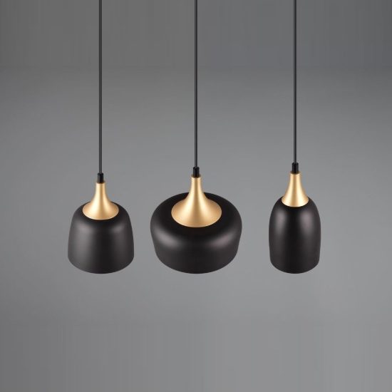 Lampadario con pendenti 3 luci per cucina moderno nero e oro con paralumi diversi