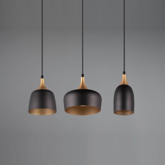 Lampadario con pendenti 3 luci per cucina moderno nero e oro con paralumi diversi