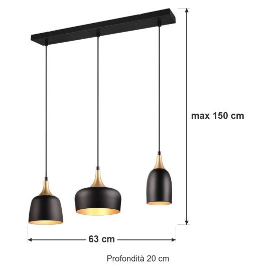 Lampadario con pendenti 3 luci per cucina moderno nero e oro con paralumi diversi
