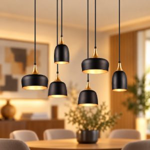 Lampadario con pendenti 6 luci per sala da pranzo moderno nero e oro con paralumi diversi