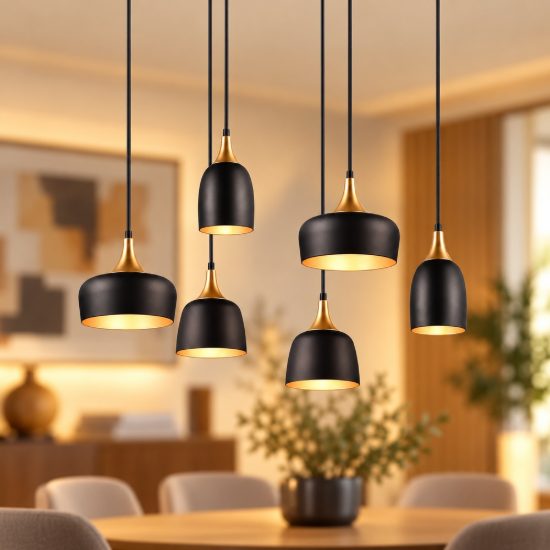 Lampadario con pendenti 6 luci per sala da pranzo moderno nero e oro con paralumi diversi