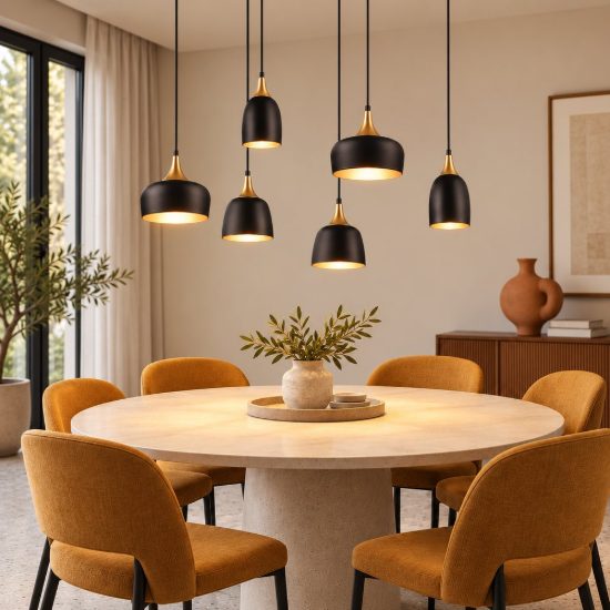Lampadario con pendenti 6 luci per sala da pranzo moderno nero e oro con paralumi diversi