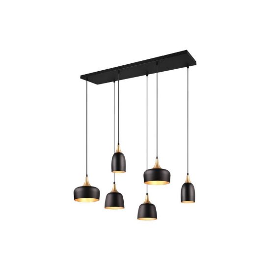 Lampadario con pendenti 6 luci per sala da pranzo moderno nero e oro con paralumi diversi