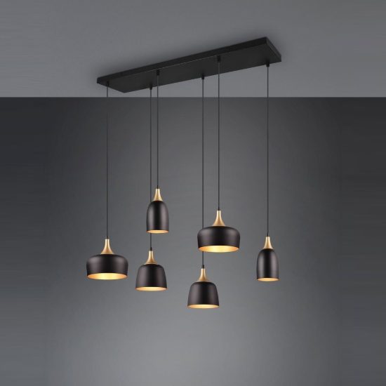 Lampadario con pendenti 6 luci per sala da pranzo moderno nero e oro con paralumi diversi