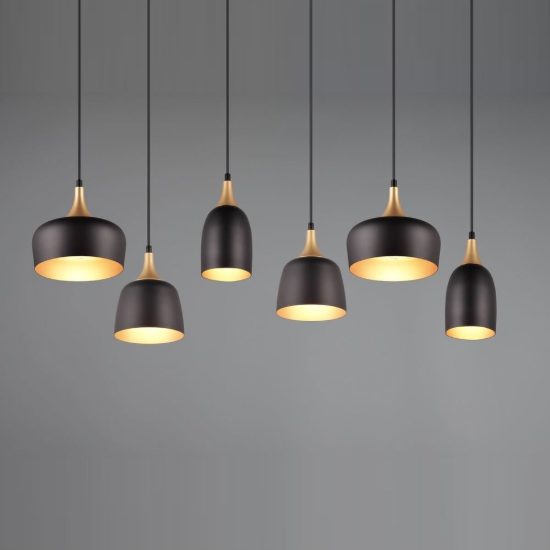 Lampadario con pendenti 6 luci per sala da pranzo moderno nero e oro con paralumi diversi