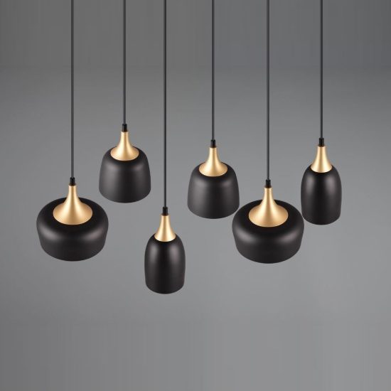 Lampadario con pendenti 6 luci per sala da pranzo moderno nero e oro con paralumi diversi