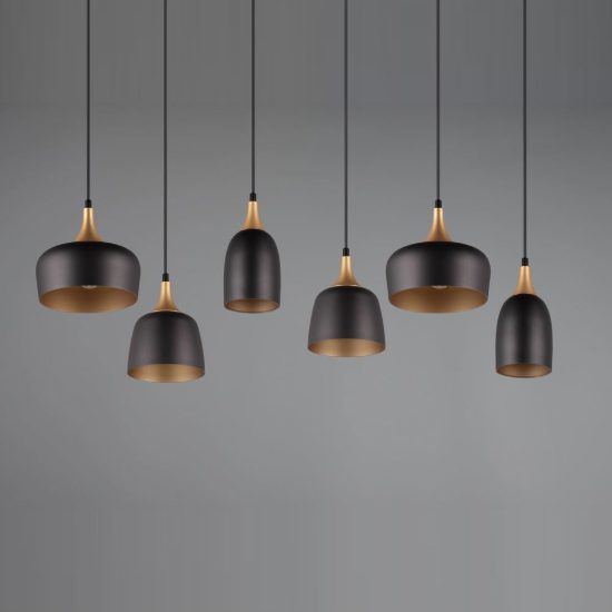 Lampadario con pendenti 6 luci per sala da pranzo moderno nero e oro con paralumi diversi