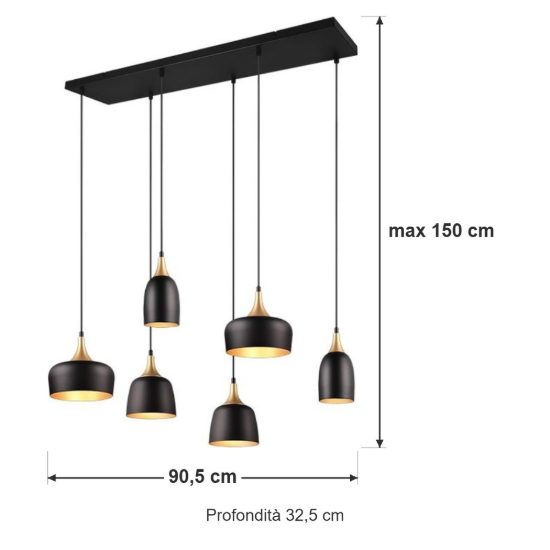 Lampadario con pendenti 6 luci per sala da pranzo moderno nero e oro con paralumi diversi